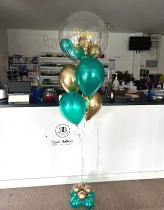 Debs Gold with Green and Bespoke Balloon