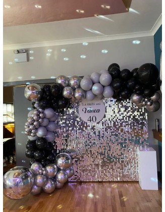 Silver sequin wall Backdrop with balloon arch