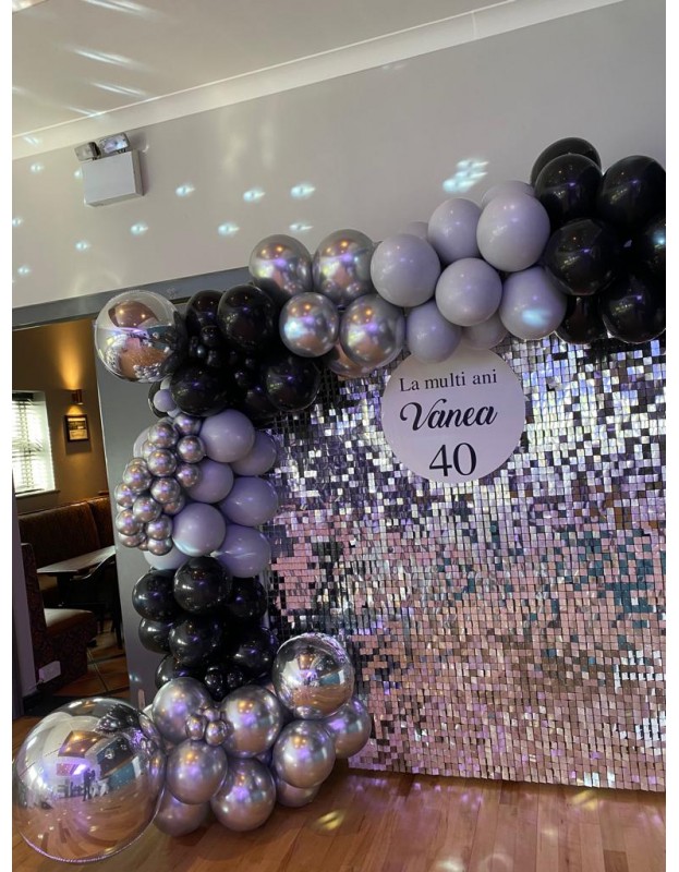 Silver sequin wall Backdrop with balloon arch
